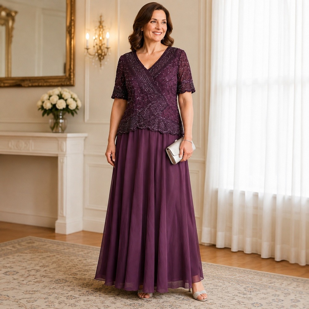 Vintage Bellure Purple Beaded Sequin Formal Dress Gown Women's XL Mother Bride